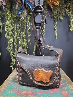 RARE! Vintage Hand Made Brown Leather Shoulder Bag with Wood Accent